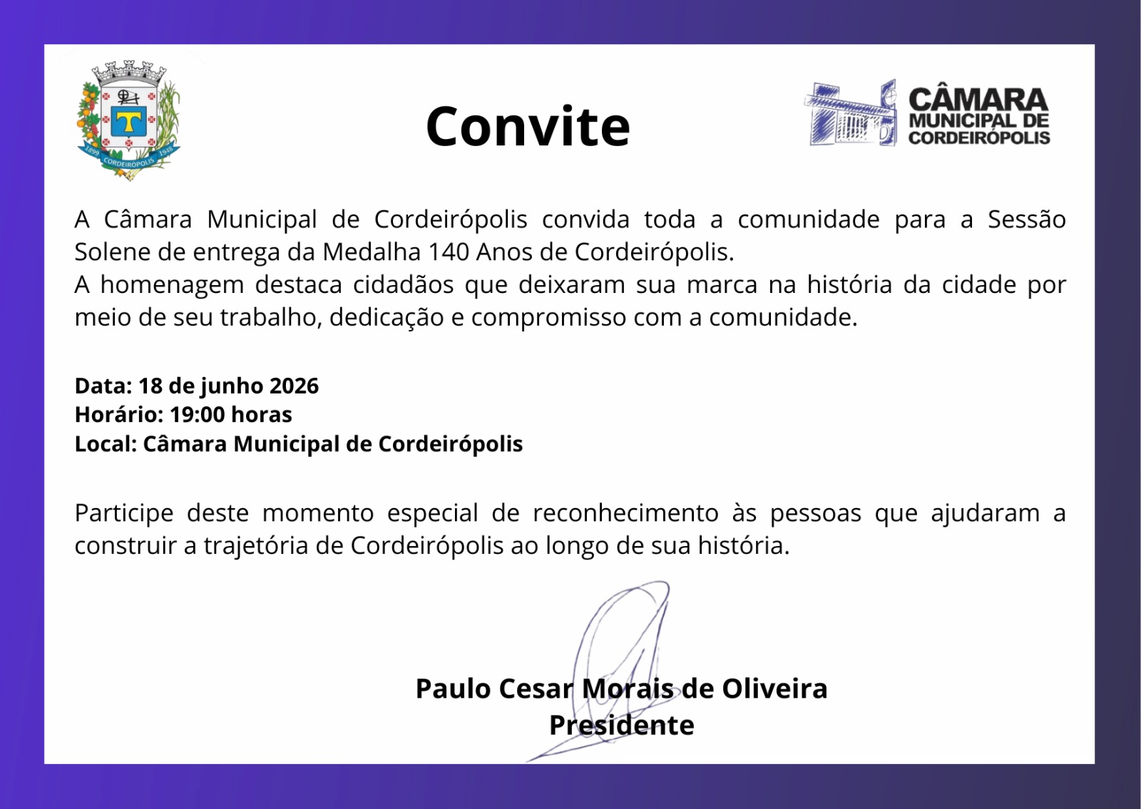 Convite para Sessão Solene de entrega da medalha dos 140 anos de Cordeiropolis