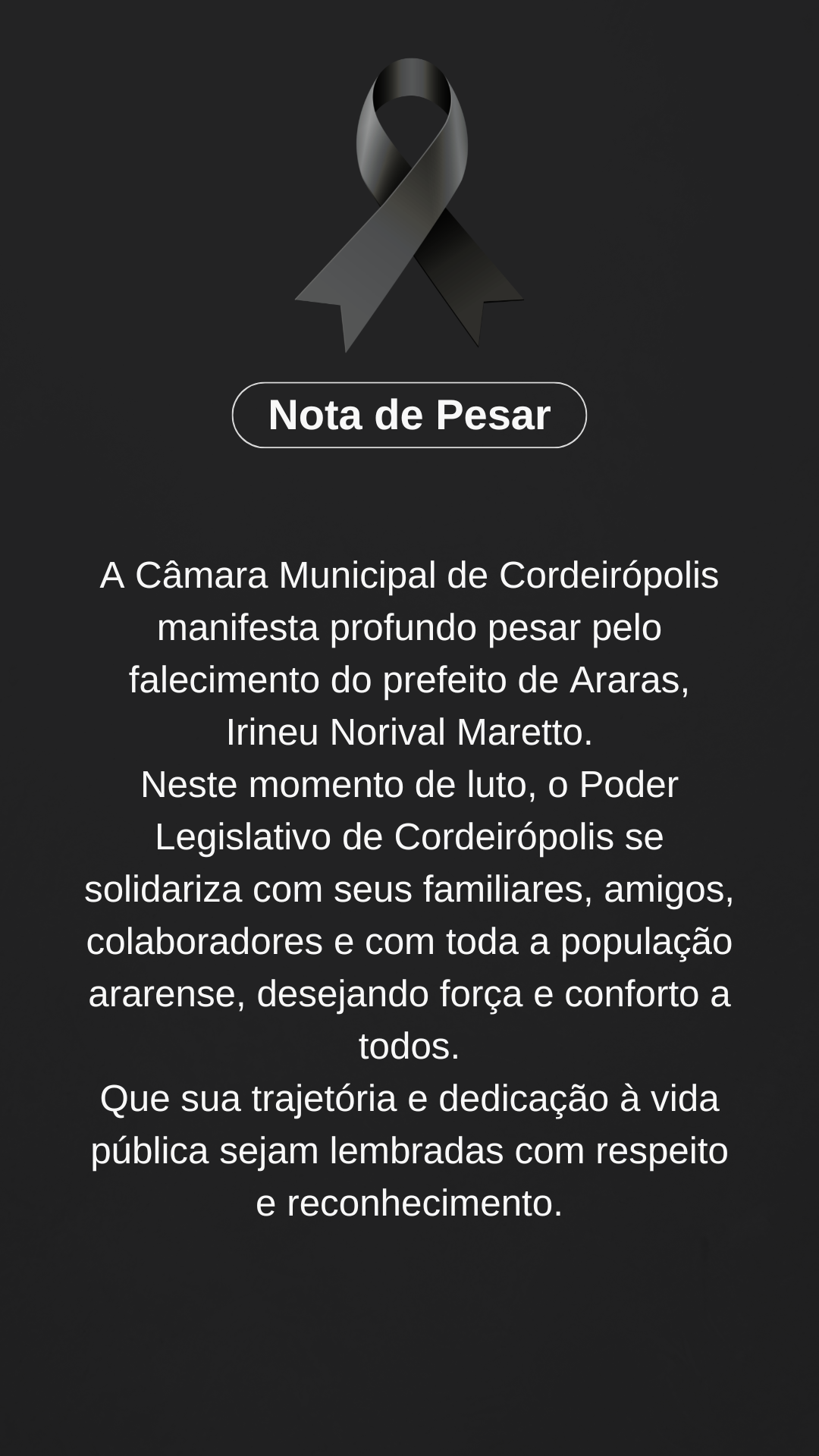 Câmara Municipal de Cordeirópolis manifesta pesar pelo falecimento do prefeito de Araras