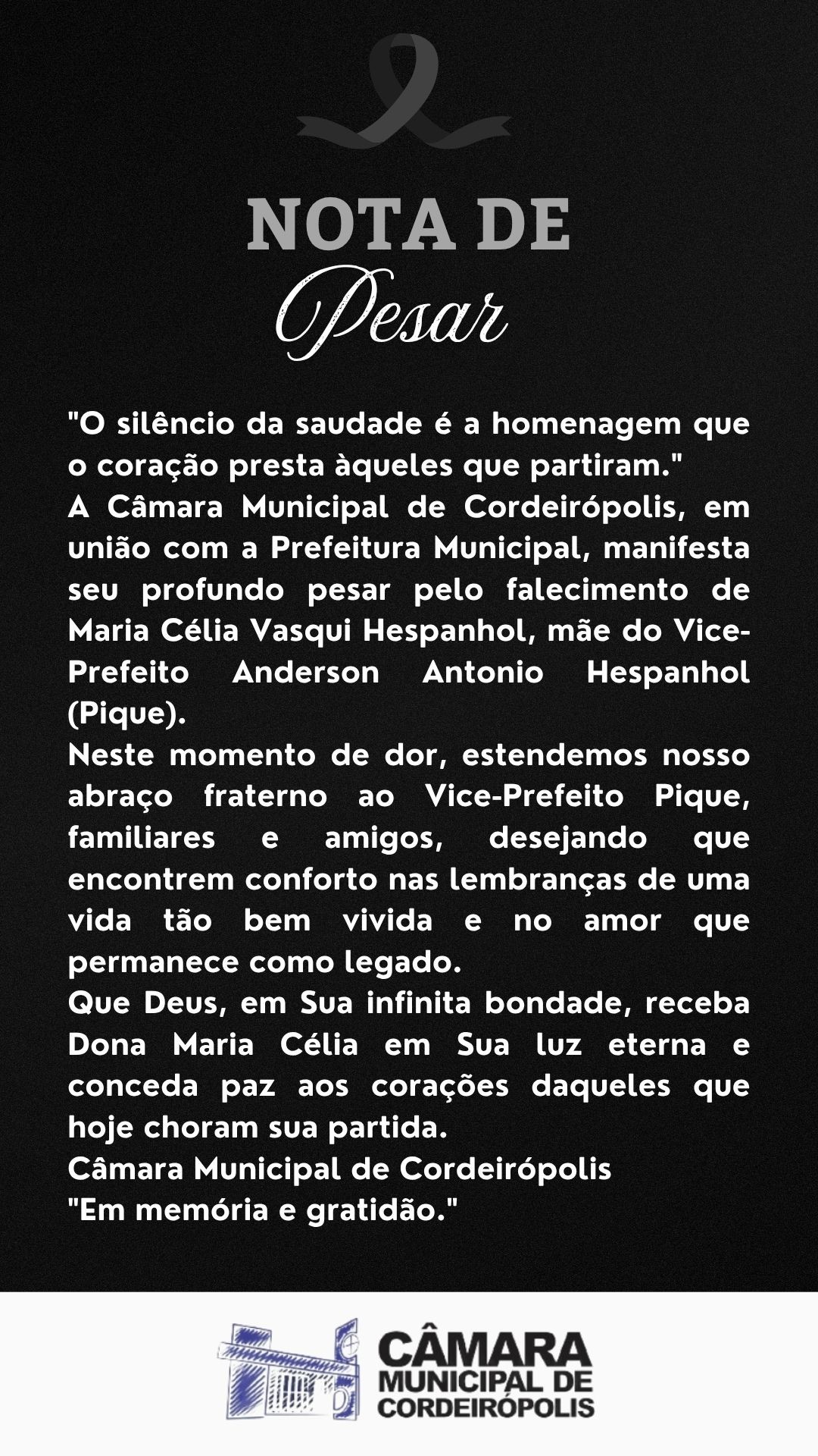 NOTA DE PESAR - Maria Célia Vasqui Hespanhol 