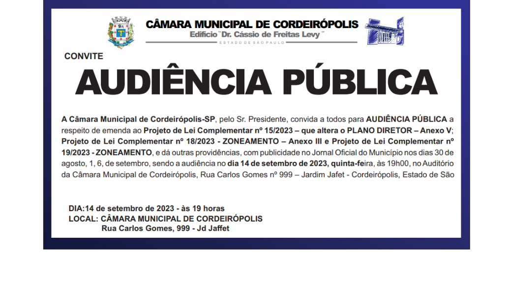 Imagem da notícia: Audiência Pública sobre os PLC nº 15, 18 e 19 de 2023 - Plano Diretor e a Lei de Zoneamento