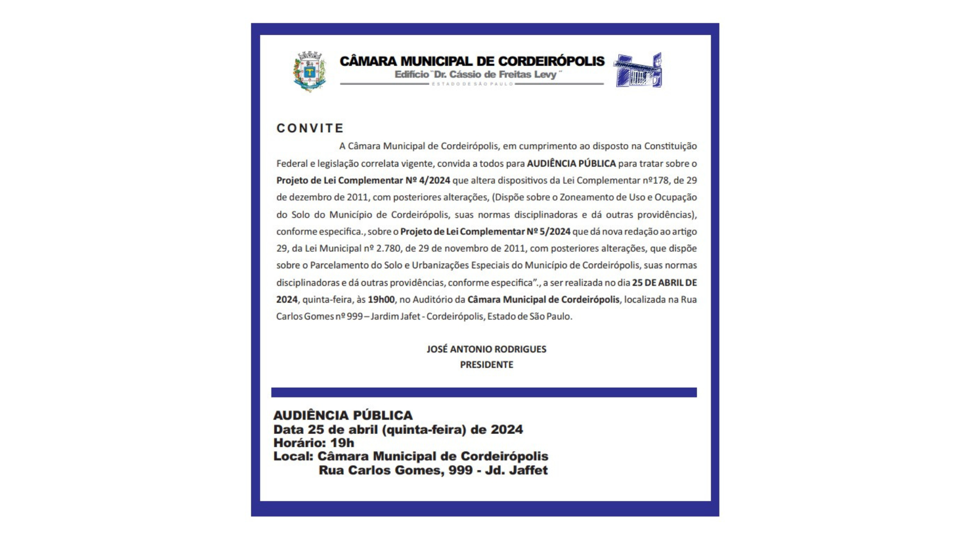 Imagem da notícia: Chamamento para Audiência Pública na Câmara