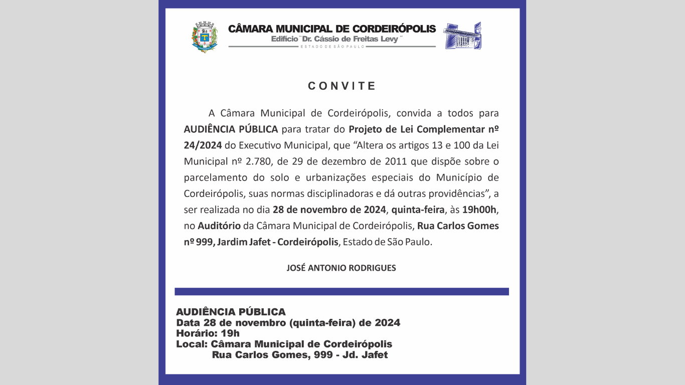 Imagem da notícia: Convite: Câmara de Cordeirópolis Realizará Audiência Pública sobre Parcelamento do Solo