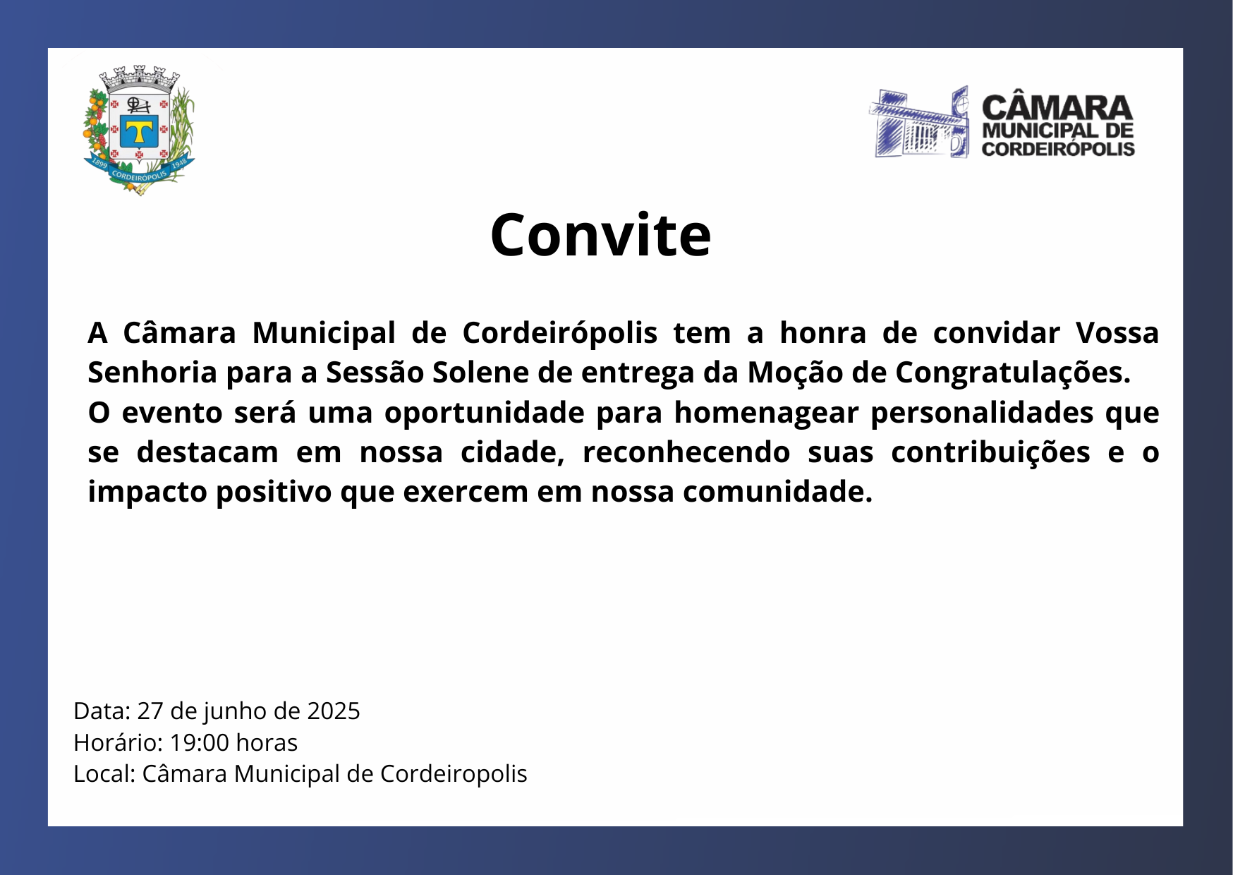Imagem da notícia: Convite para Sessão Solene 27 de junho 
