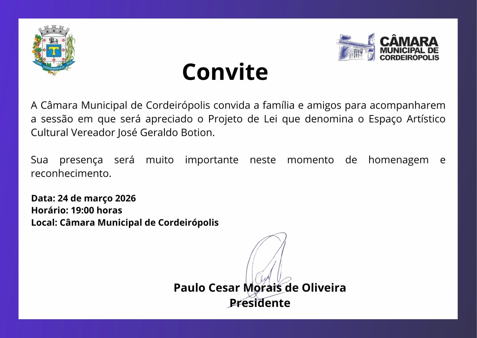 Imagem principal da notícia Projeto de Lei que homenageia Vereador José Geraldo Botion será apreciado em sessão na Câmara