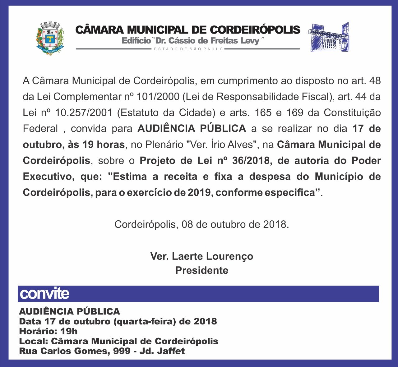 Imagem da notícia: Câmara realiza audiência pública para discutir LOA 2019